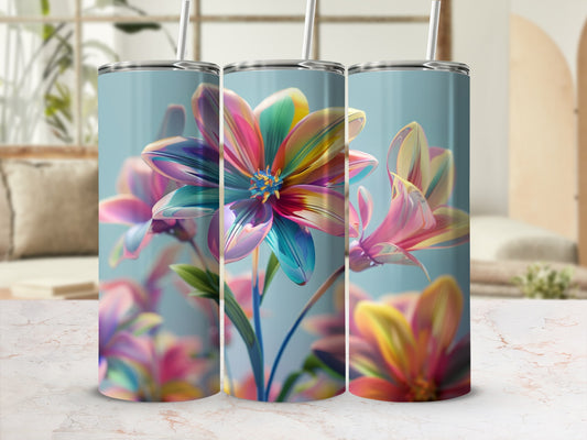 Three iridescent floral tumblers with straws, displayed in soft lighting.