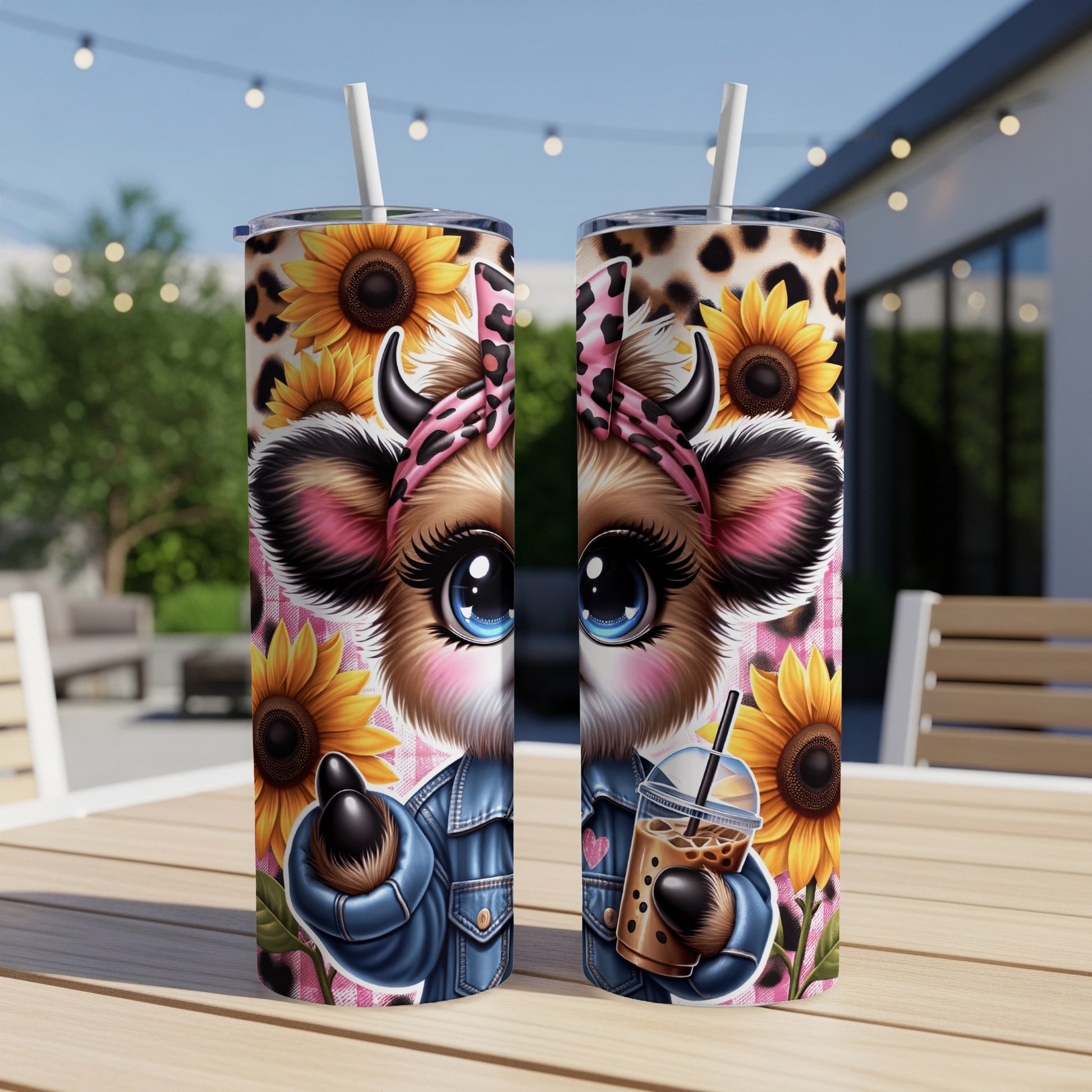 Cute cow face with sunflowers on a tumbler, holding a coffee drink.