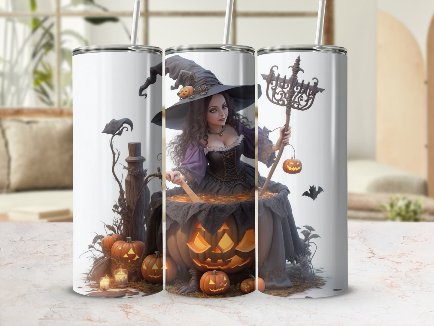 Halloween tumbler with witch stirring cauldron surrounded by pumpkins and bats.