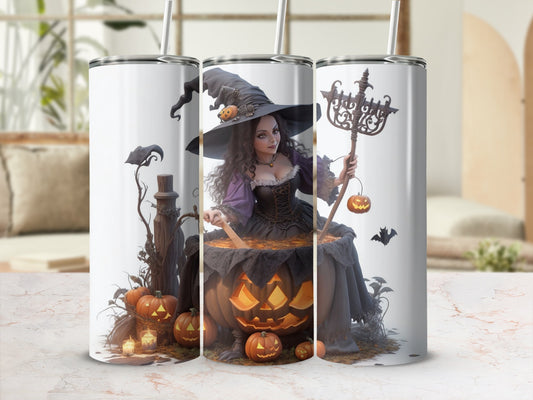 Halloween tumbler with witch stirring cauldron surrounded by pumpkins and bats.