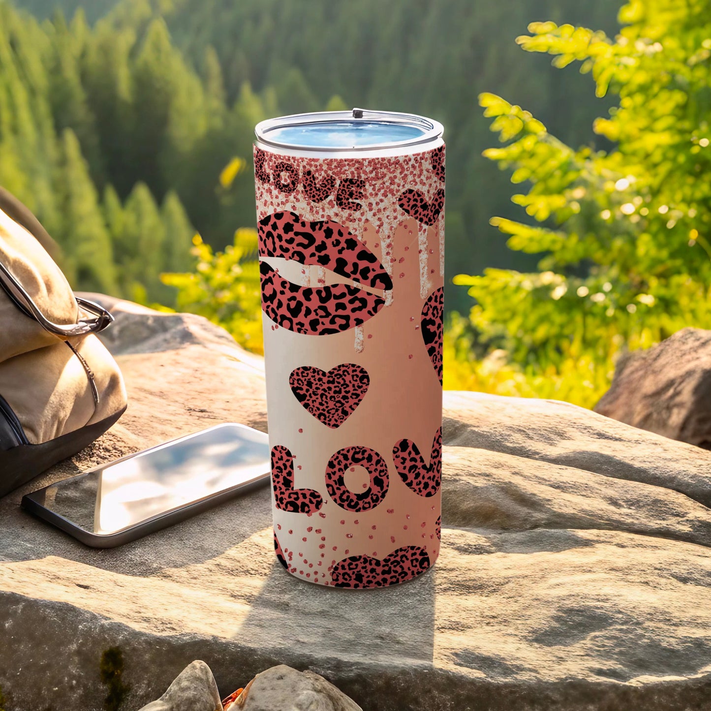 Insulated Tumbler with Love and Leopard Print Design