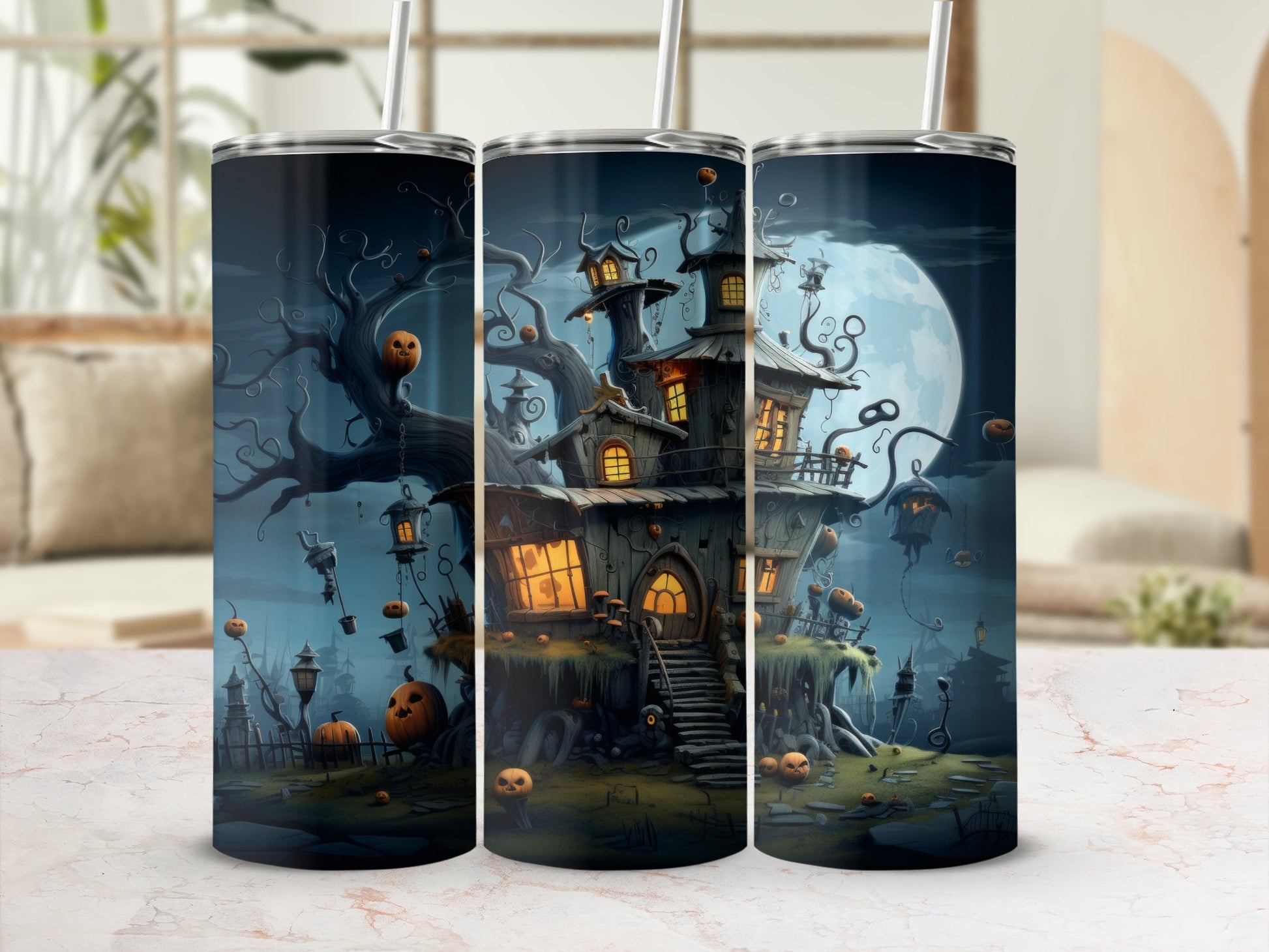 Triptych of tumblers featuring a spooky haunted house, pumpkins, and a full moon.