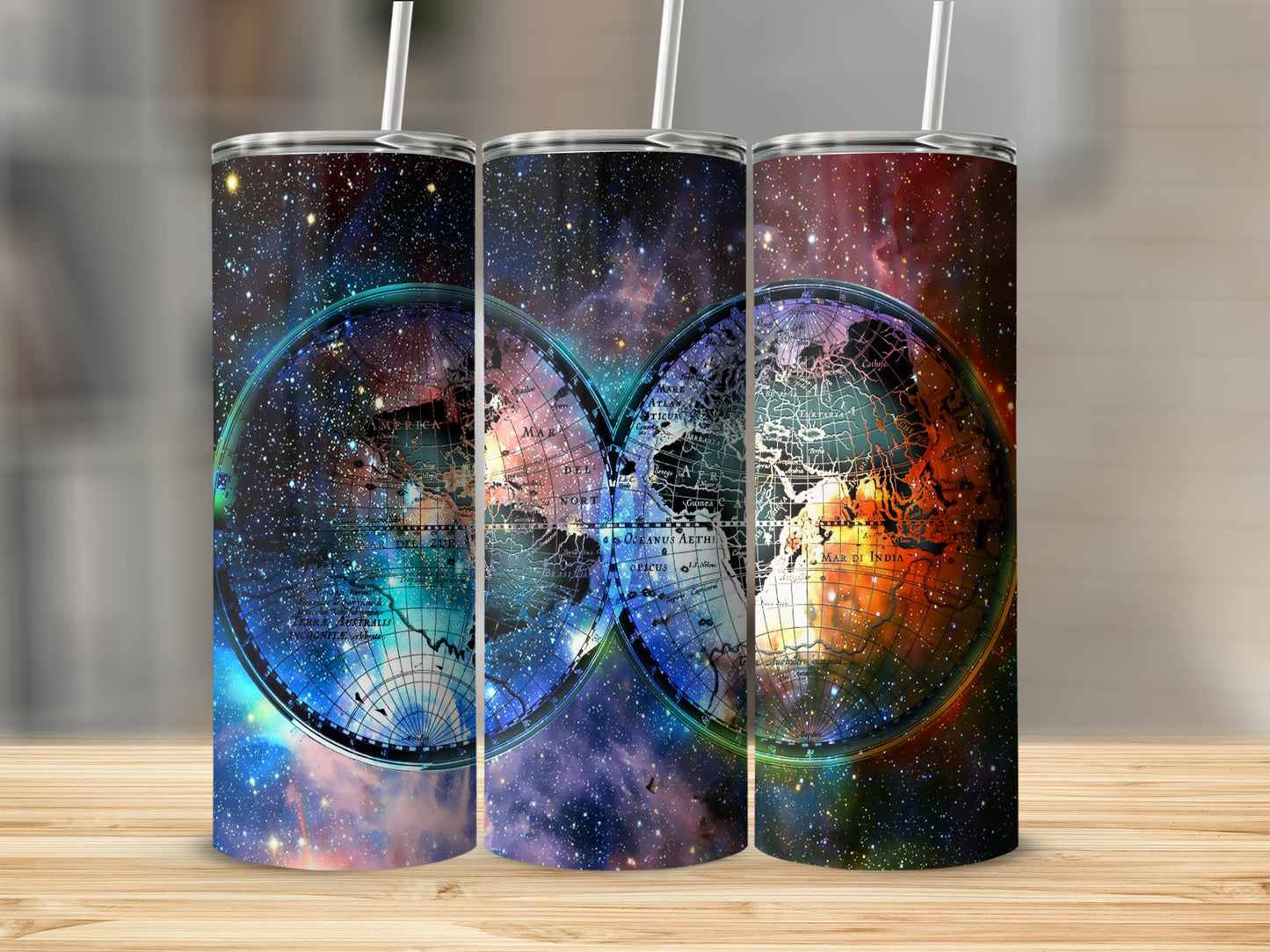 Three tumblers with a cosmic map design featuring globes and space imagery.