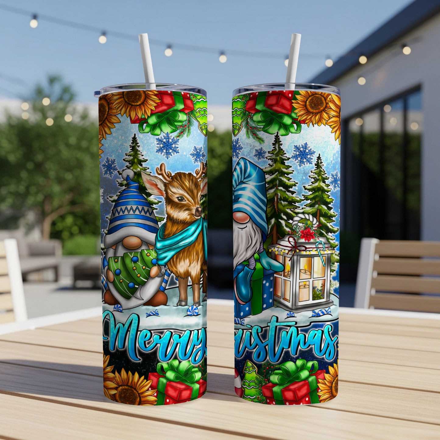 Christmas tumblers with deer, gnomes, snowflakes, sunflowers, and gift boxes.