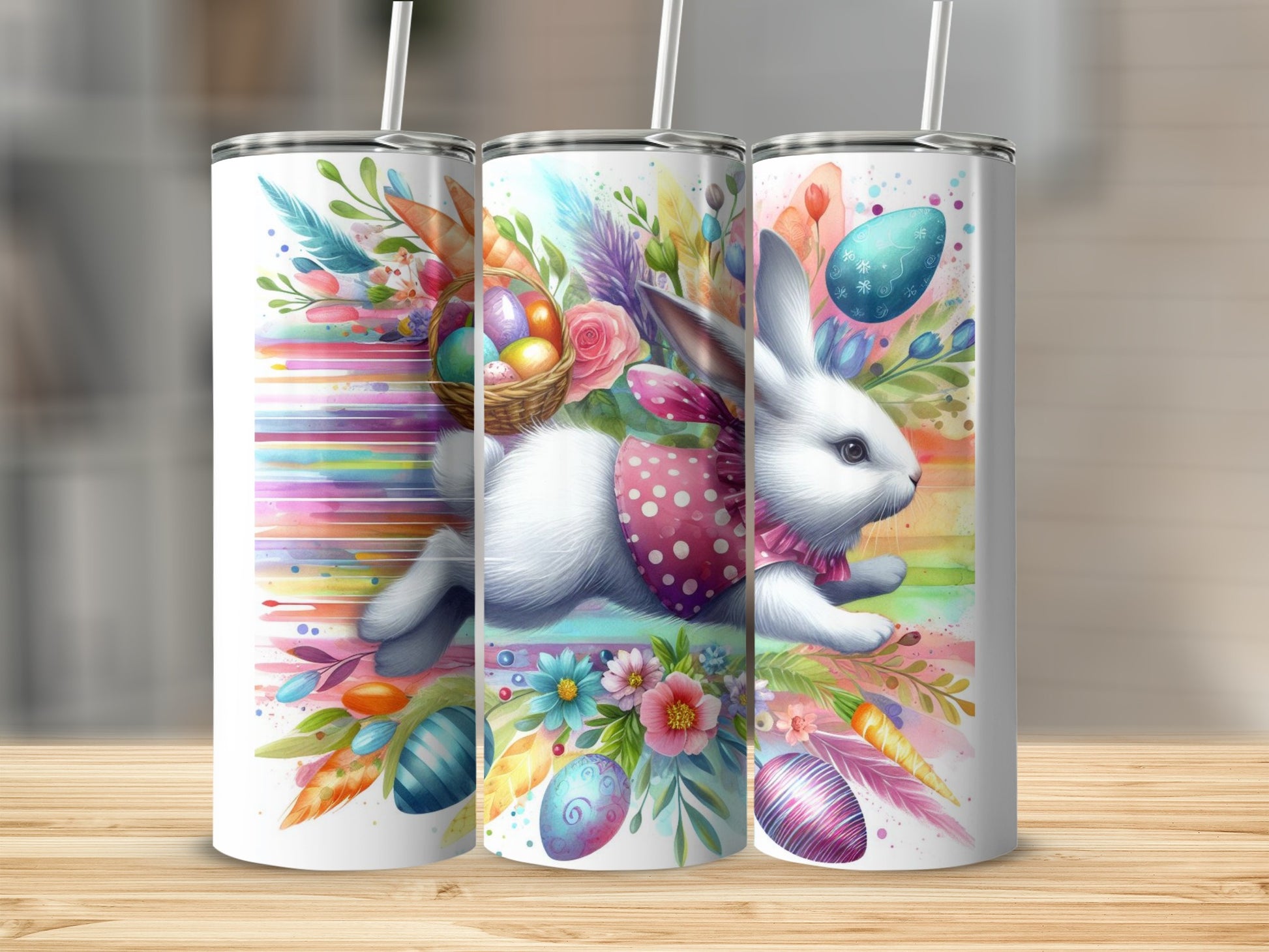 Easter bunny with colorful eggs and flowers on a skinny tumbler.