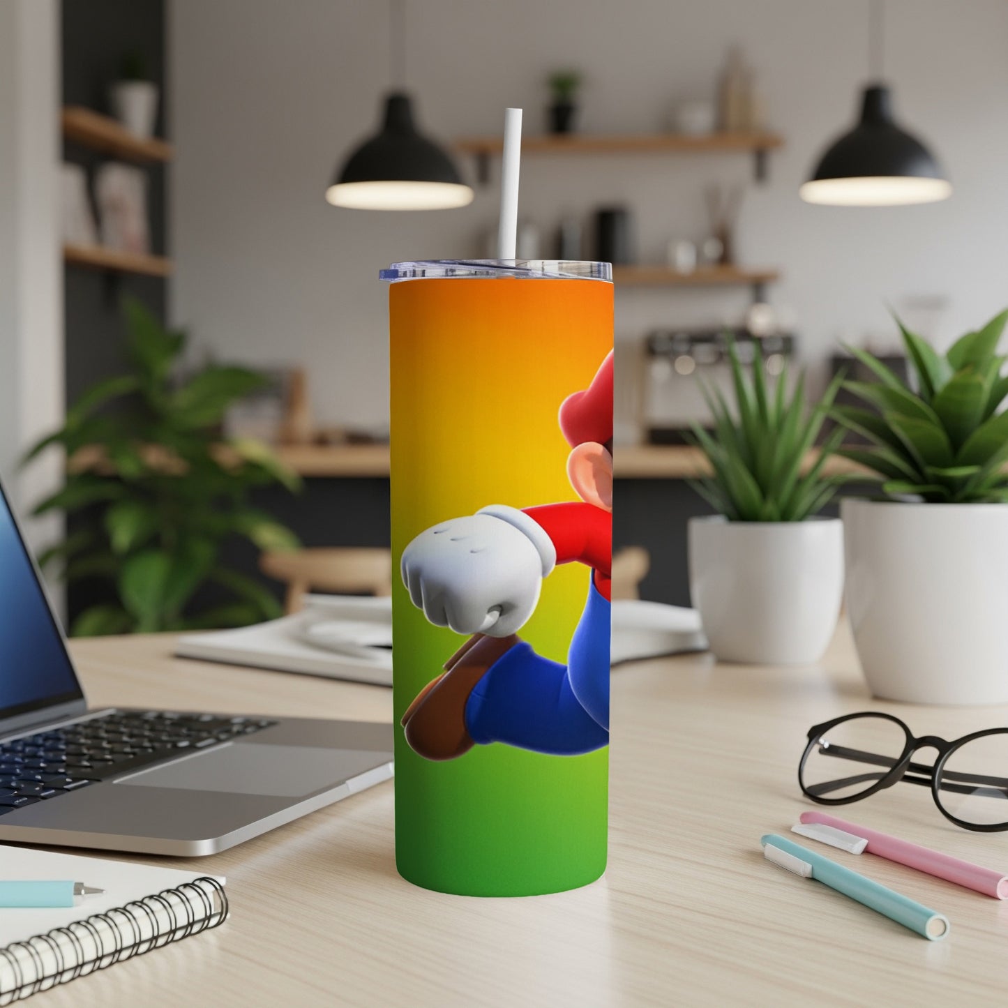Mario running on a tumbler with a bright yellow and green gradient background.