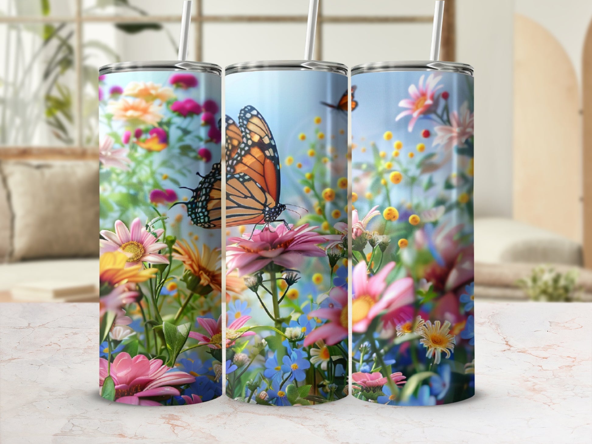 Orange monarch butterfly on pink flower with colorful floral background.