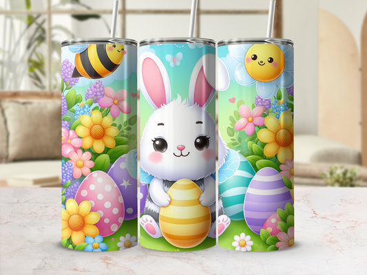 Cute bunny holding Easter egg with bees and flowers on a tumbler.