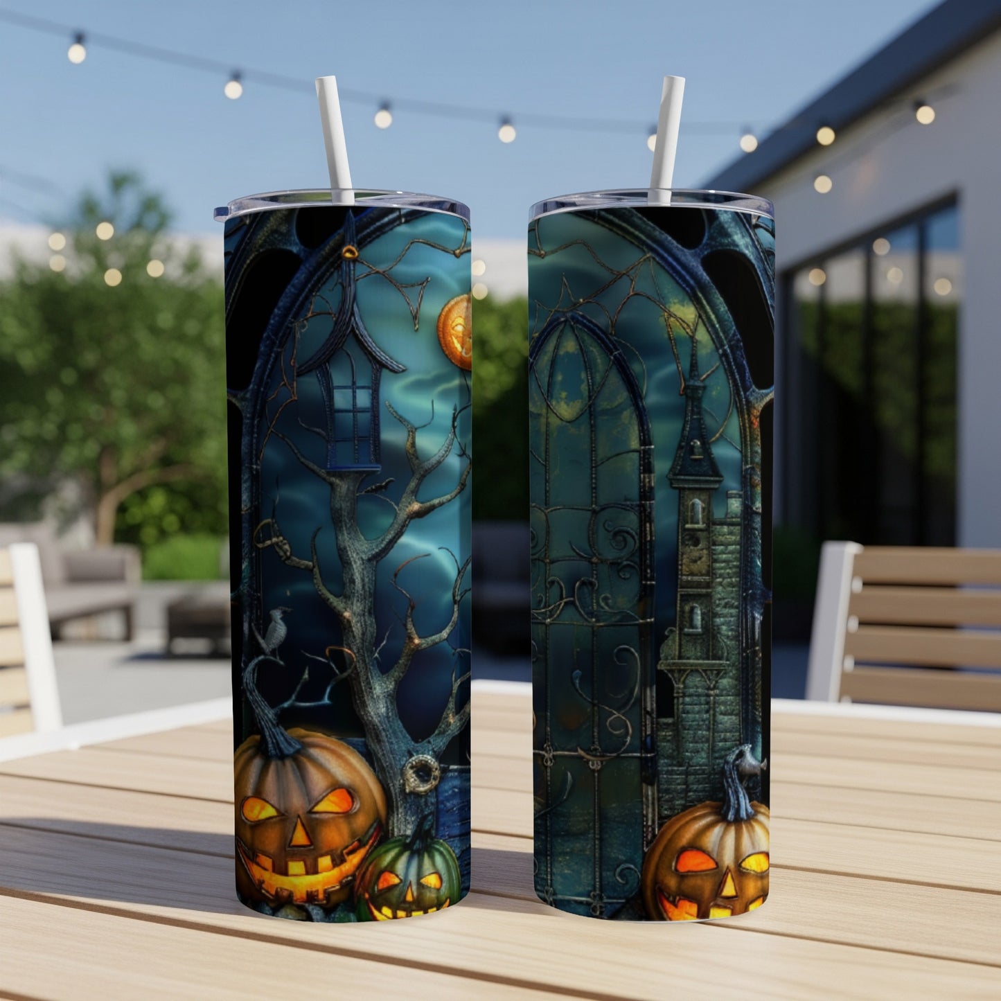 Two tumblers featuring Halloween pumpkins and a spooky castle scene.