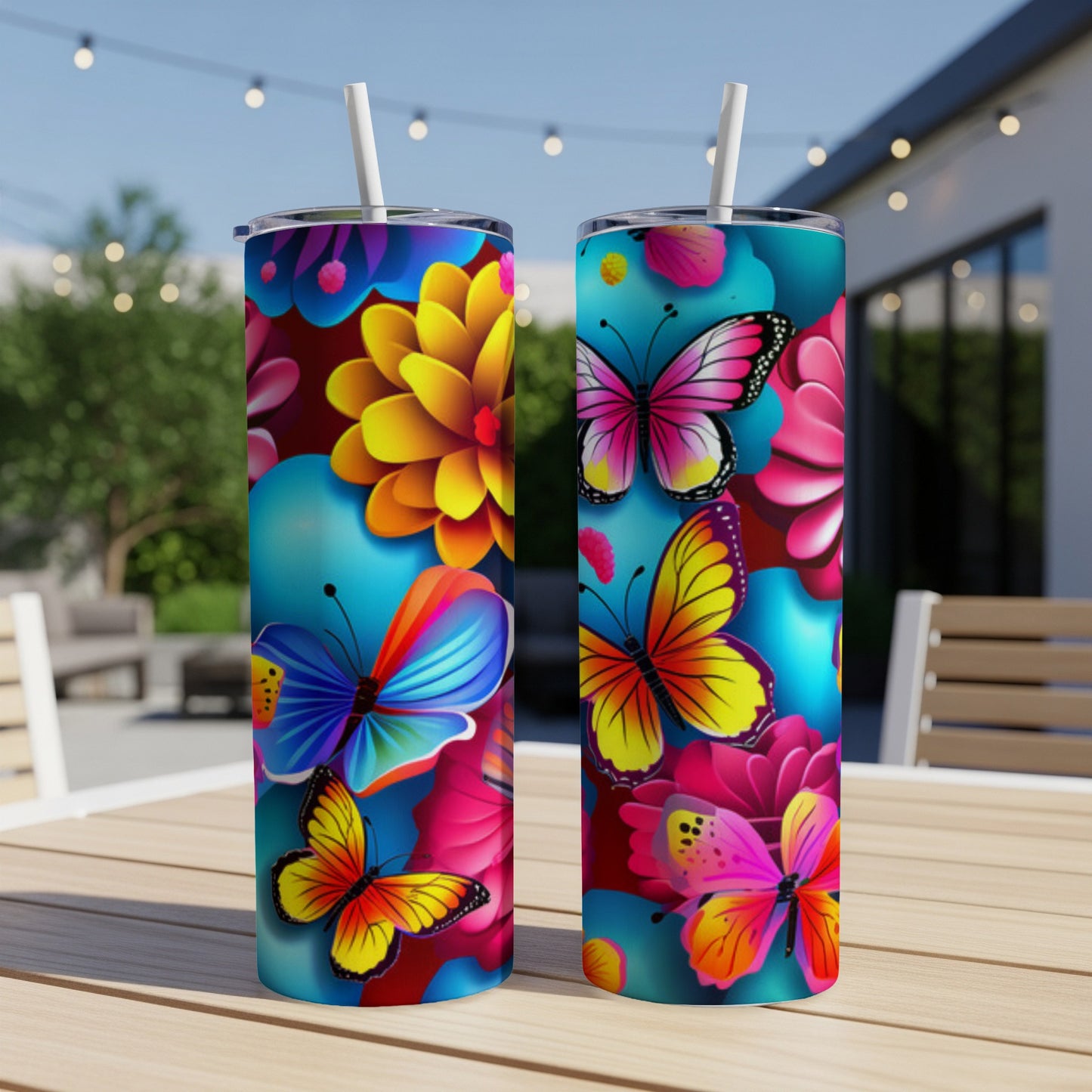Two tall tumblers with colorful butterfly and flower designs on an outdoor table.