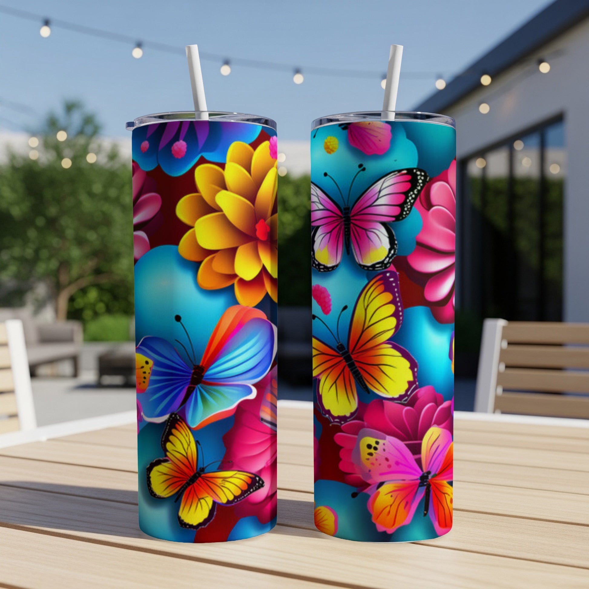Two tall tumblers with colorful butterfly and flower designs on an outdoor table.