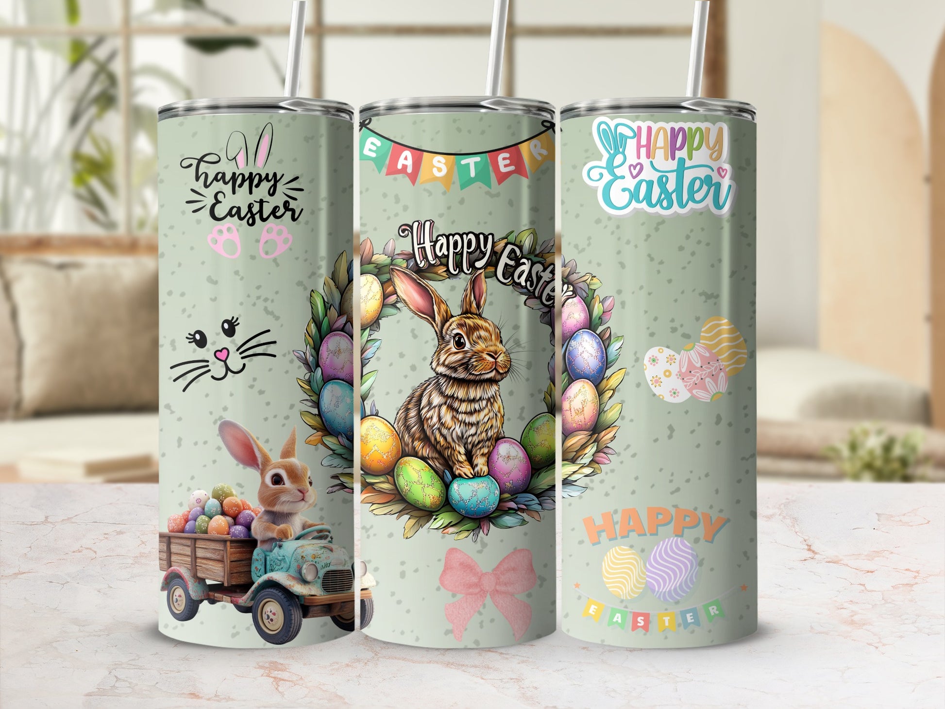 Happy Easter Bunny Eggs Design Tumbler Drinkware