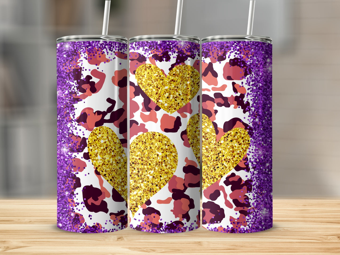 Glitter Heart and Purple Camouflage Tumbler Flask