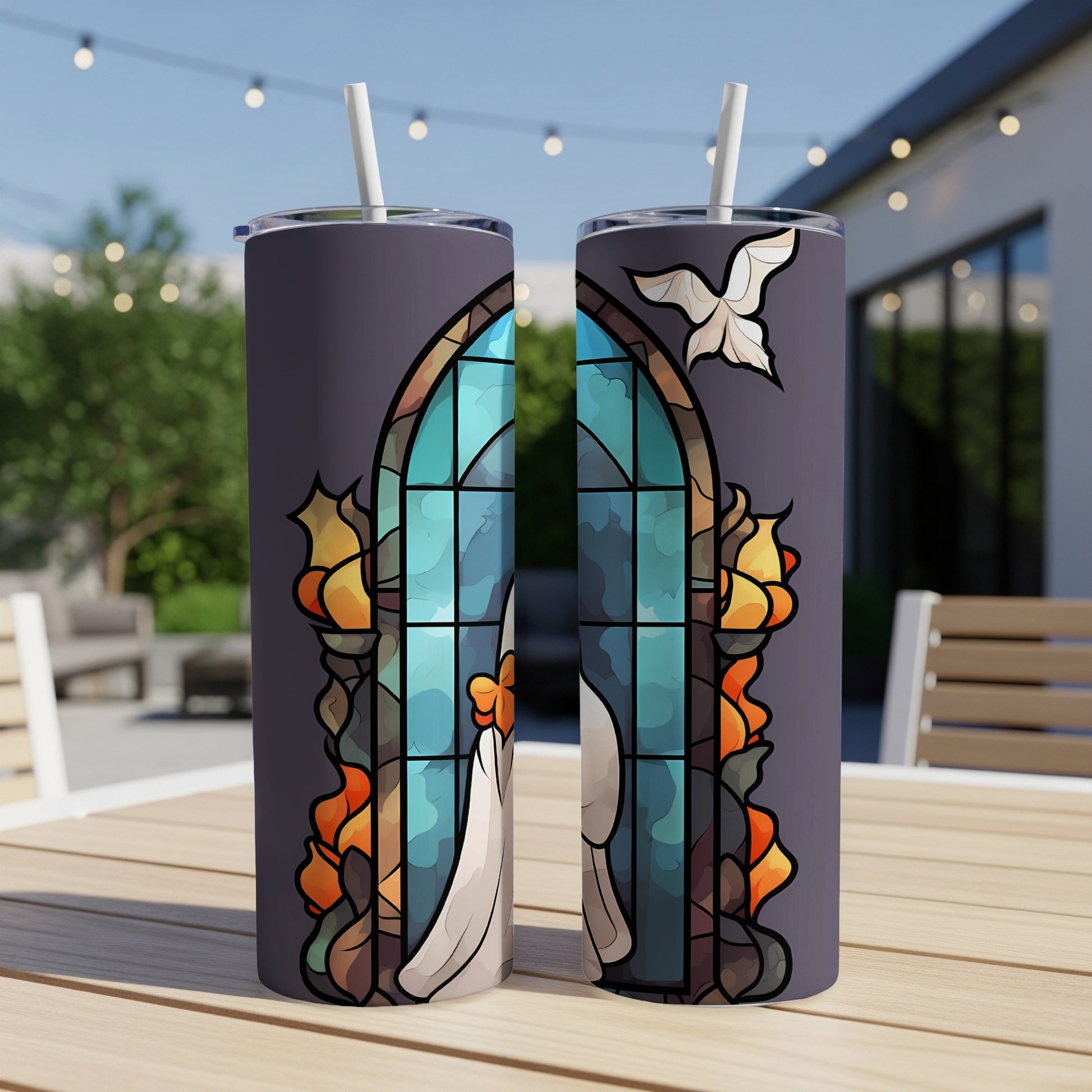 Religious stained glass design featuring a dove, roses, and a cross on a purple tumbler.