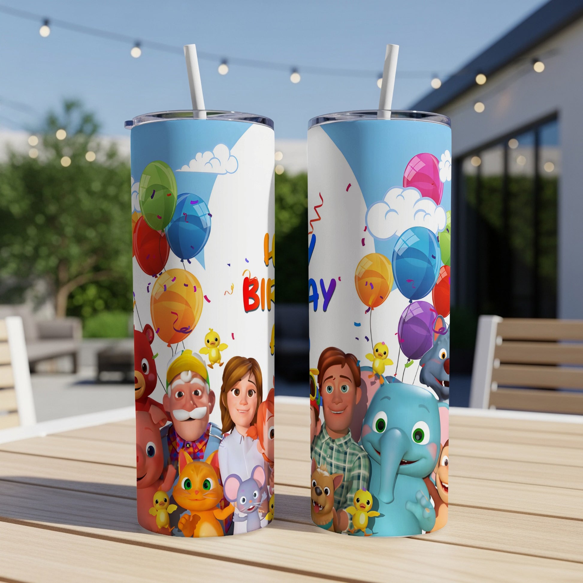 Cocomelon characters on a white tumbler with colorful balloons and "Happy Birthday" text.