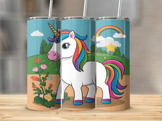 White unicorn with rainbow mane and tail, flowers, and rainbow.