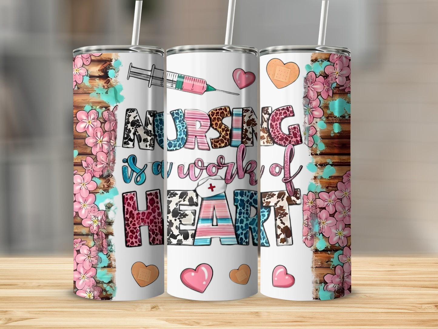 Nursing is a Work of Heart Tumbler with Floral Design
