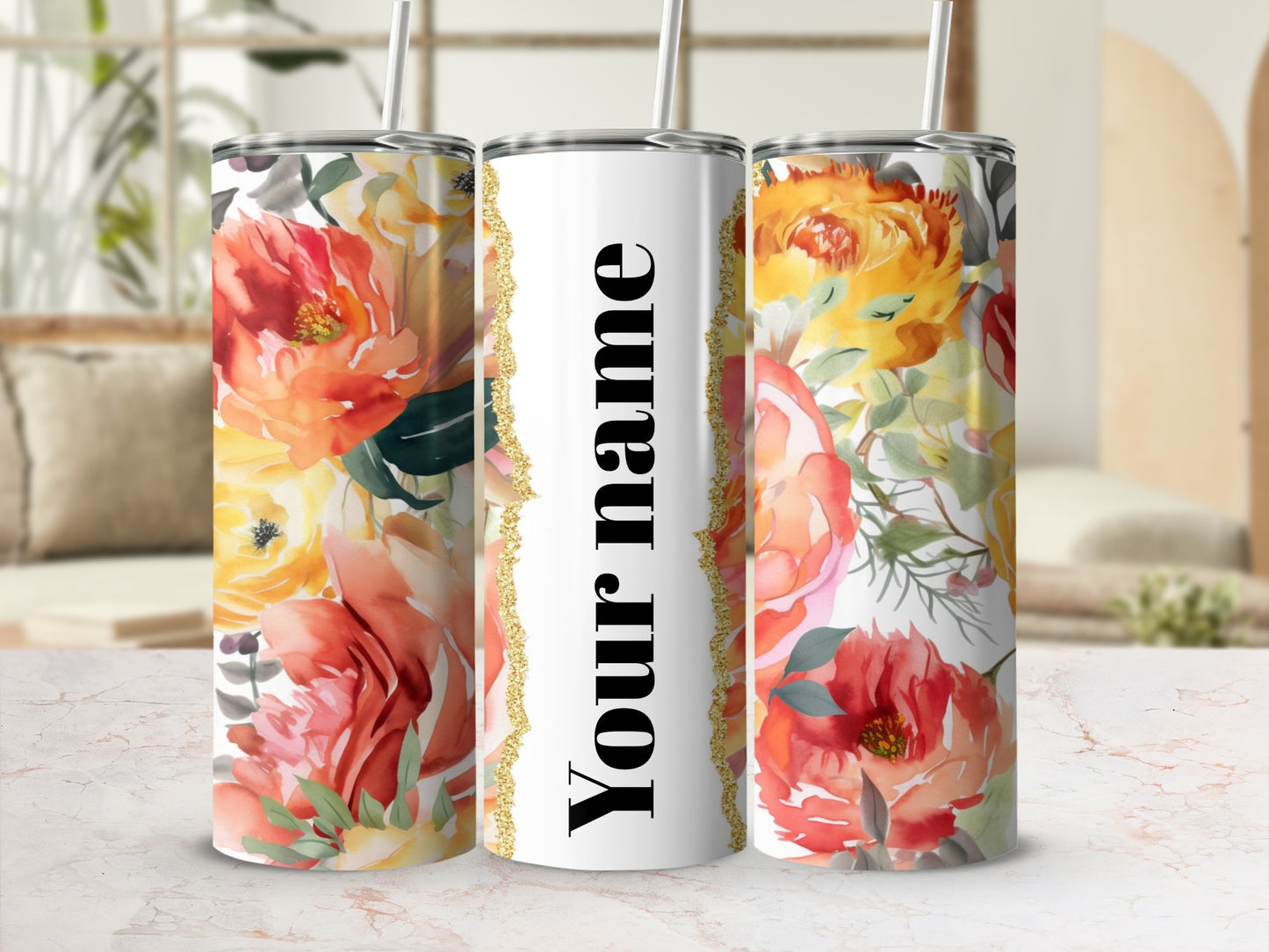 Personalized Floral Design Tumbler with Name Text