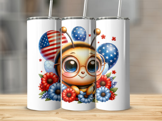 Cute bee with glasses and American flags surrounded by flowers.