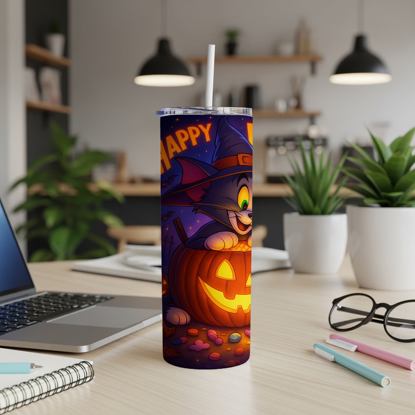 Halloween tumbler with Tom cat in witch hat inside a jack-o'-lantern.