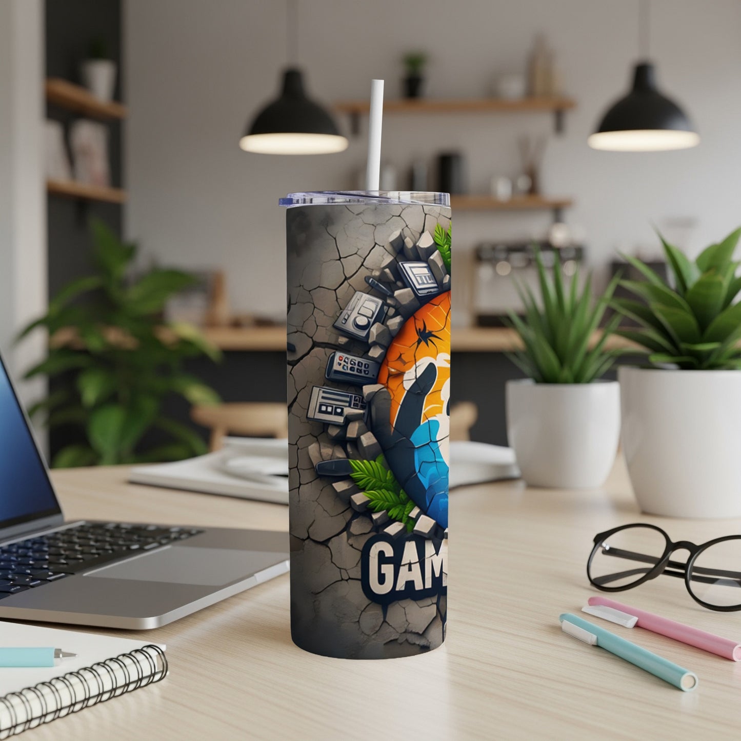 Tumbler with cracked cement texture featuring a gamer logo and "GAMER" text.