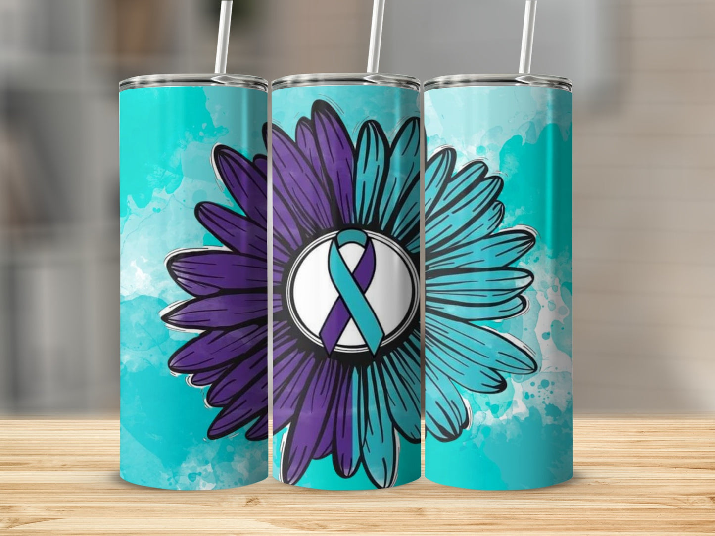 Teal and Purple Ribbon Flower Art Tumbler Cup