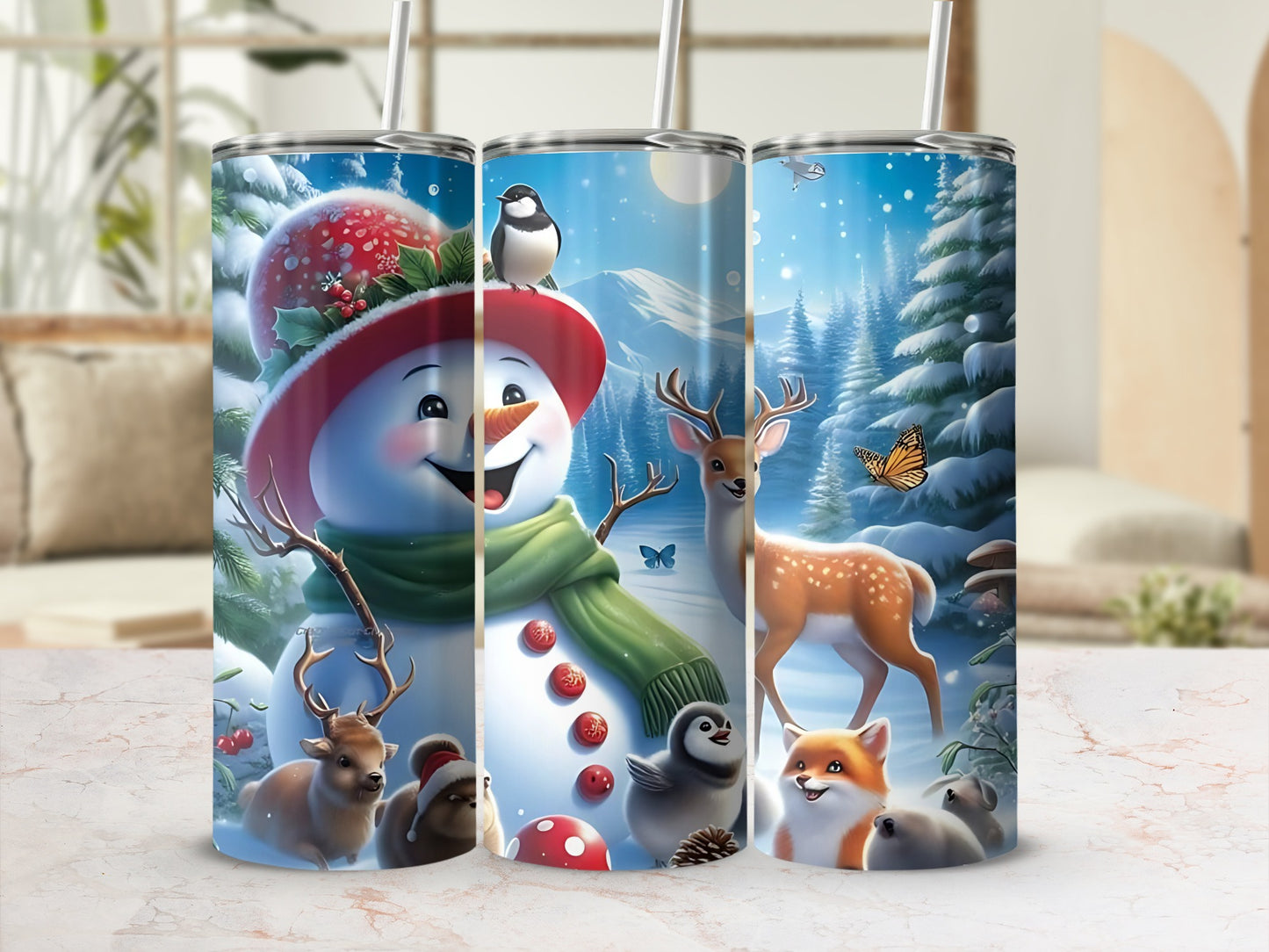 Festive Snowman and Woodland Creatures Holiday Tumbler