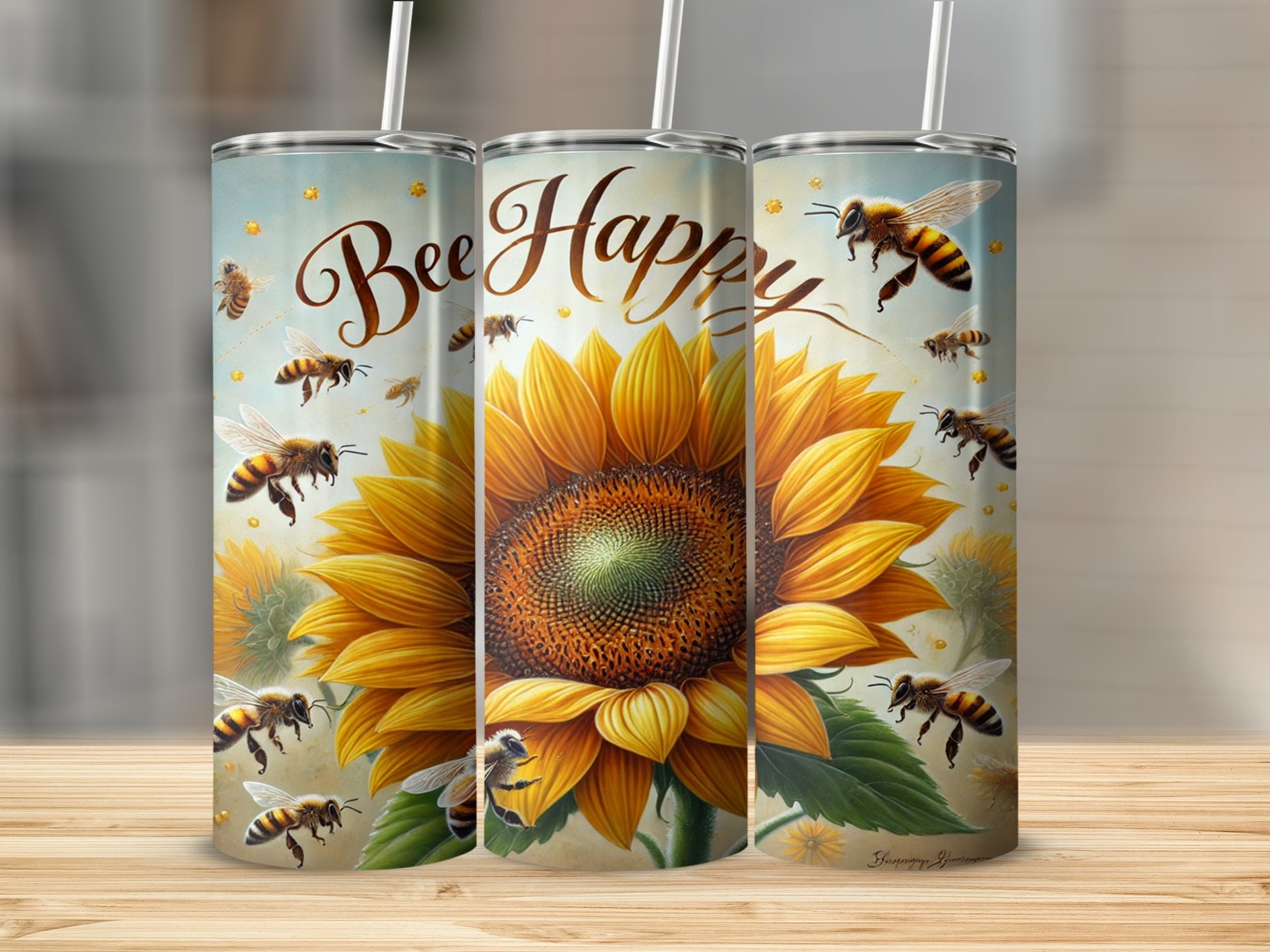 Bee Happy Sunflower Art Insulated Tumbler Cup