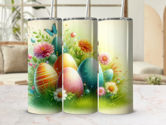 Easter eggs and flowers on a tumbler with a butterfly.