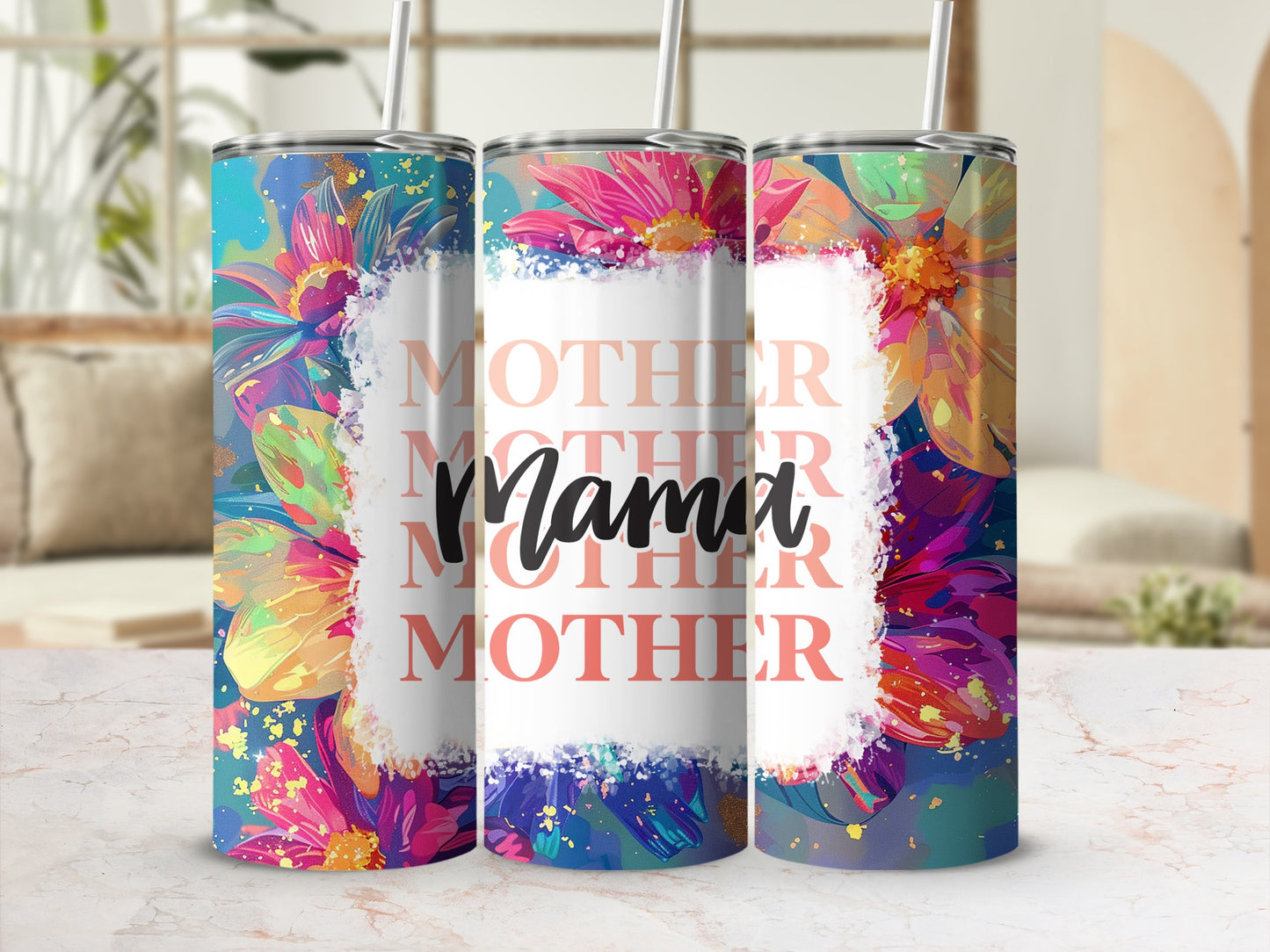 Colorful Floral Design Mother's Day Tumbler with Straw