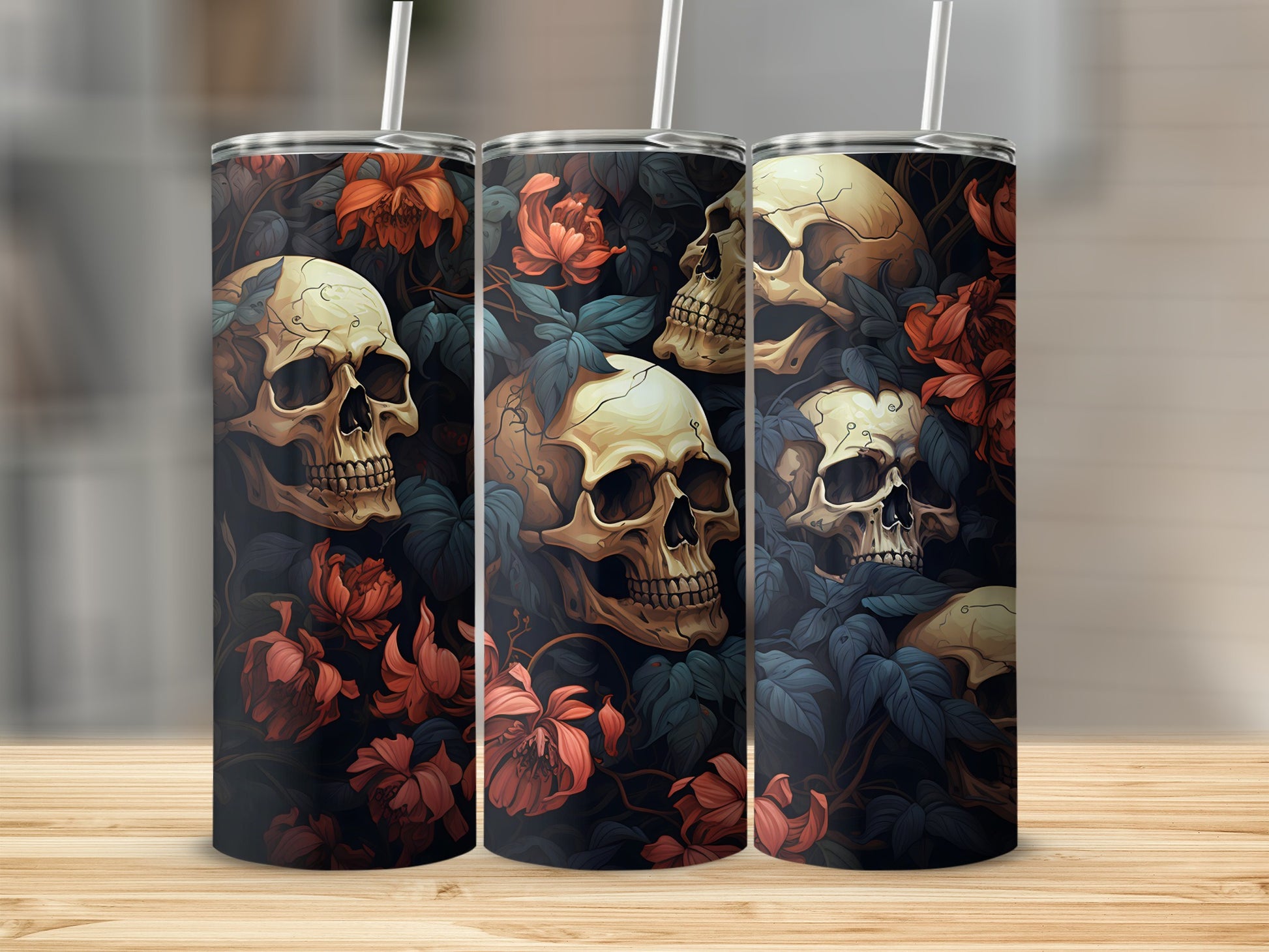 Three tumblers with skulls and dark red flowers design.