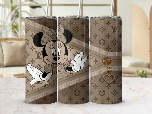 Minnie Mouse in designer print tumbler with gold zipper detail.