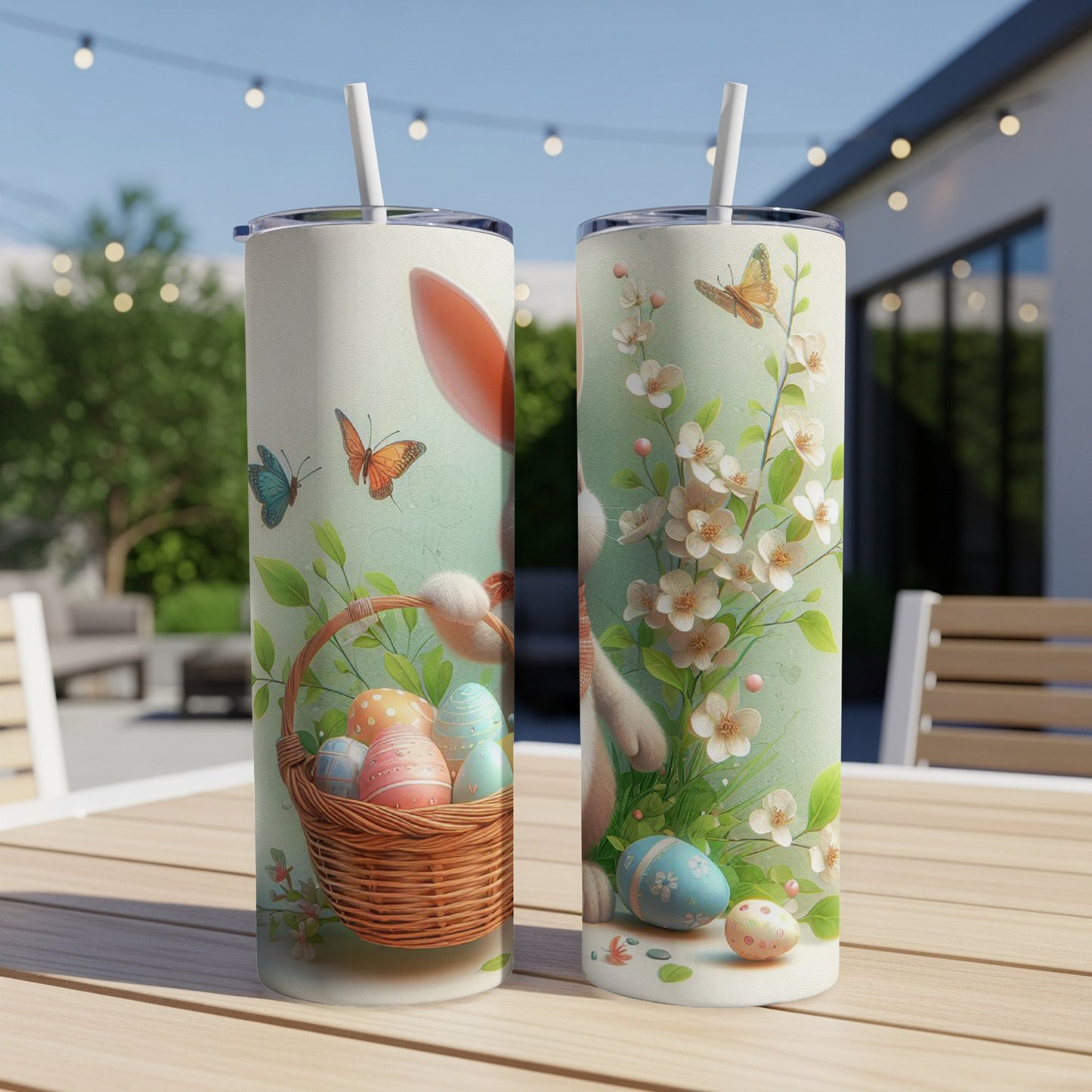 Easter bunny and basket with colorful eggs and butterflies on a tumbler.