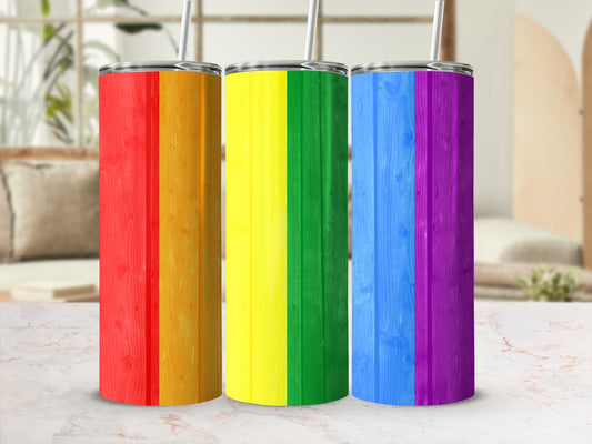 Three tumblers with rainbow wood grain pattern in vertical stripes.