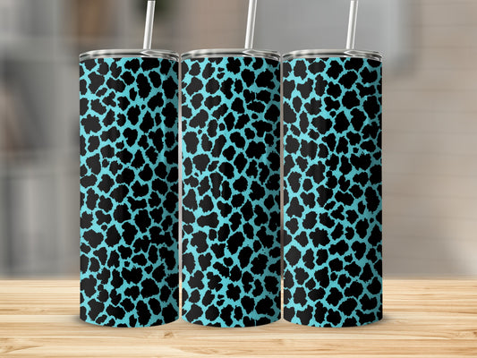 Three tumblers with a black leopard print pattern on a turquoise background.
