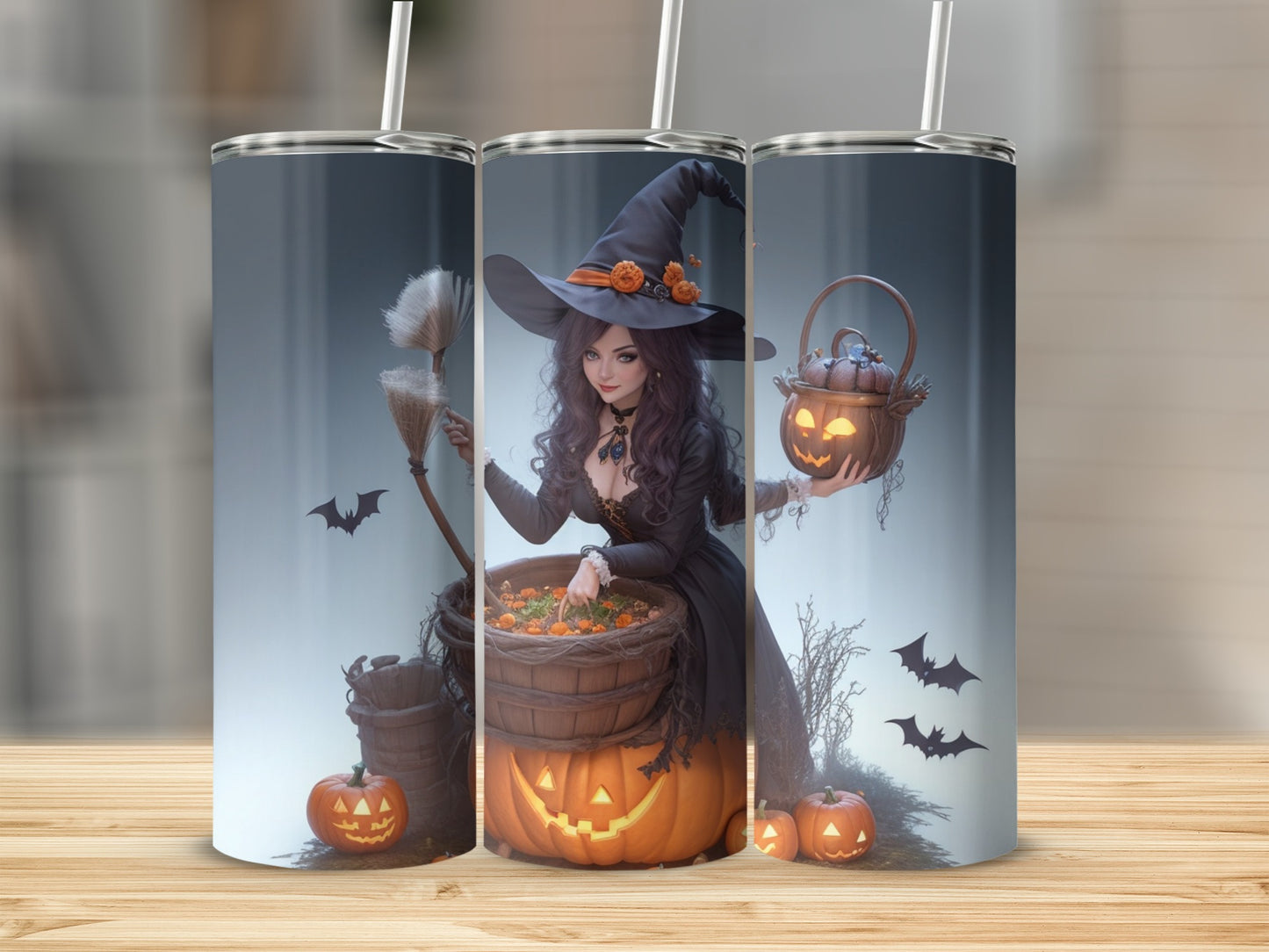 Witch holding a jack-o'-lantern basket with pumpkins and bats on a tumbler.