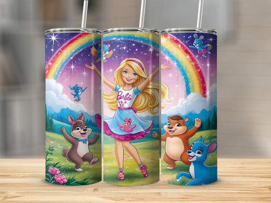 Barbie in pink dress with animals and rainbow on tumblers.