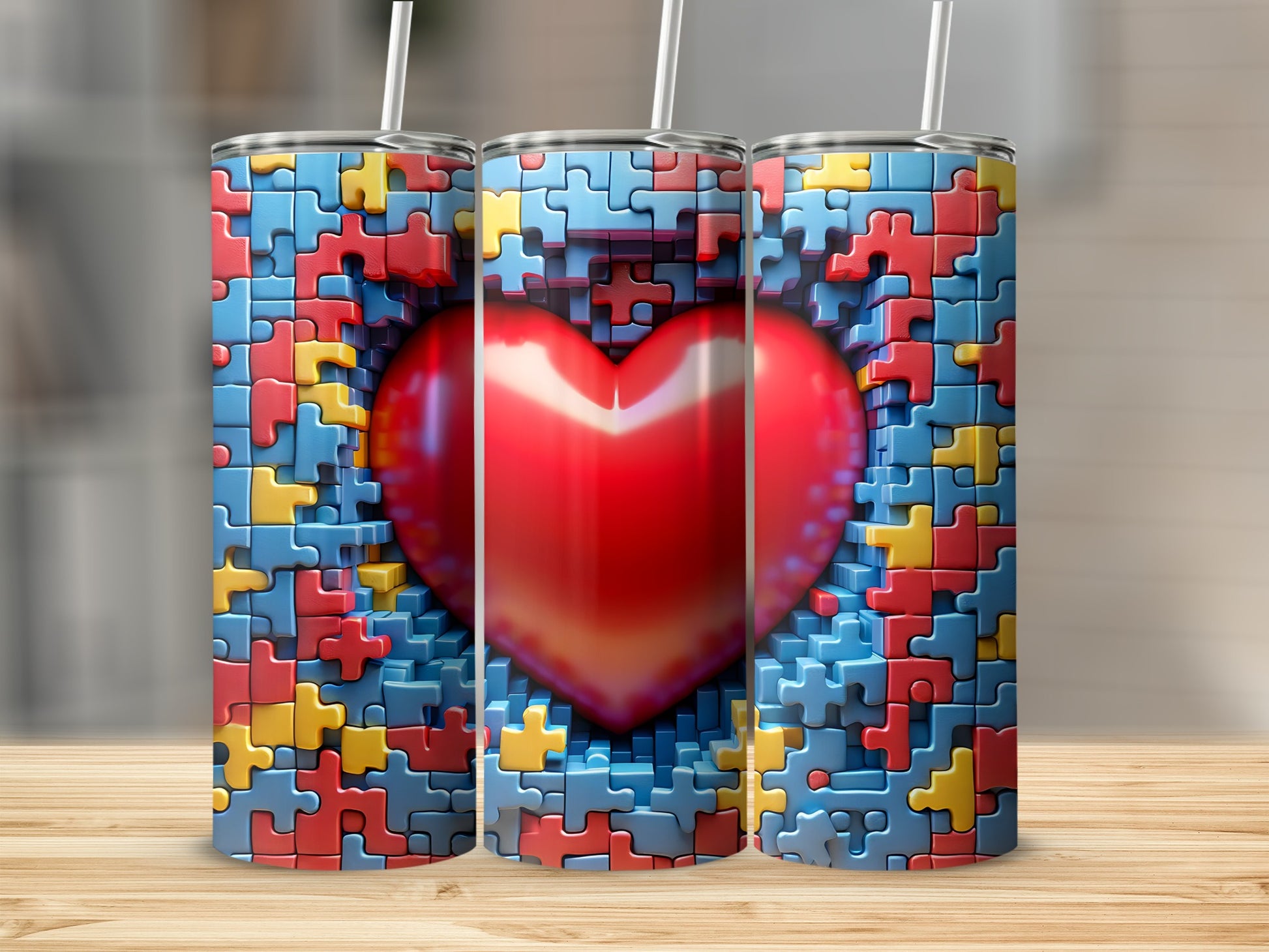 Three tumblers with a red heart emerging from a puzzle piece background.