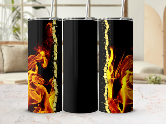 Black tumbler with gold glitter and flames design.