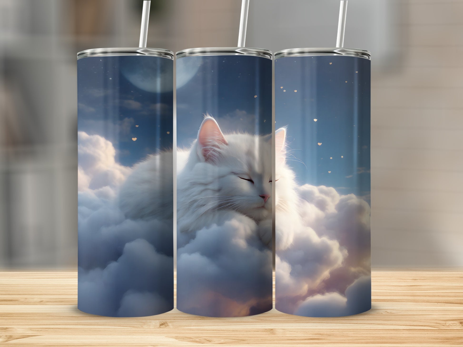 White cat sleeping on clouds with moon and stars.