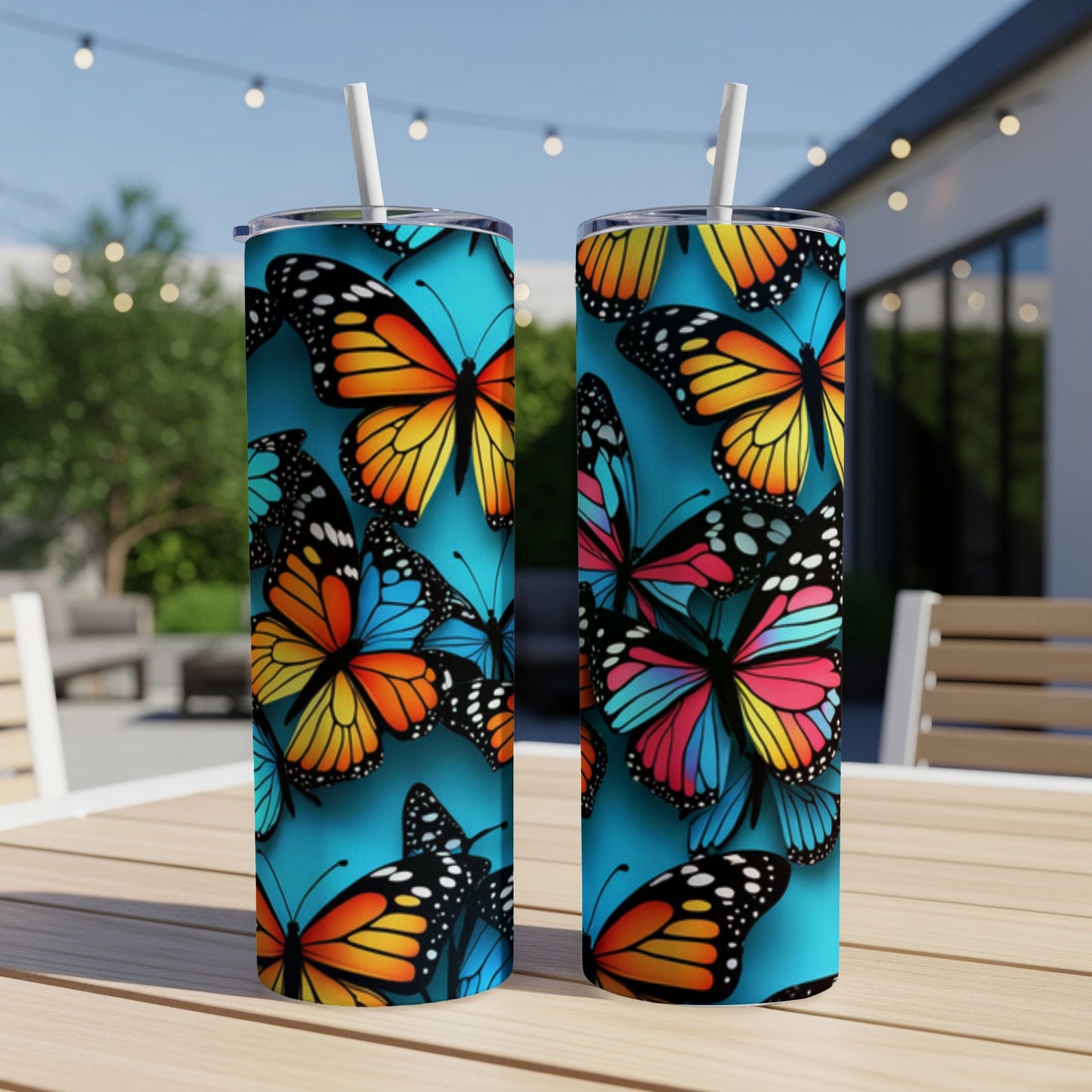 Two tumblers with a vibrant butterfly pattern, set on a table.