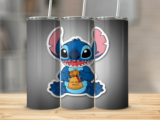 Stitch character holding a bag that says "Give In", isolated on a dark background.