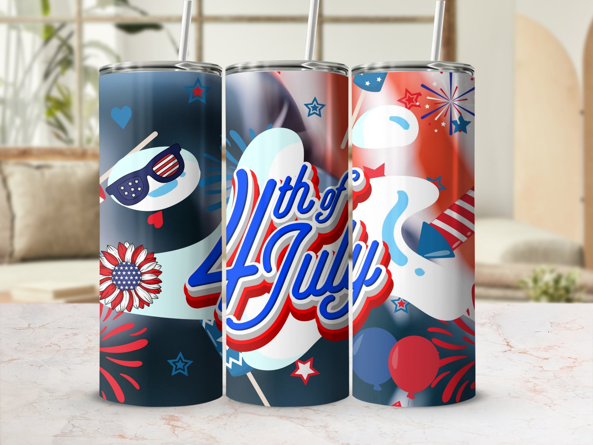 Three tumblers with a 4th of July theme featuring fireworks and patriotic colors.