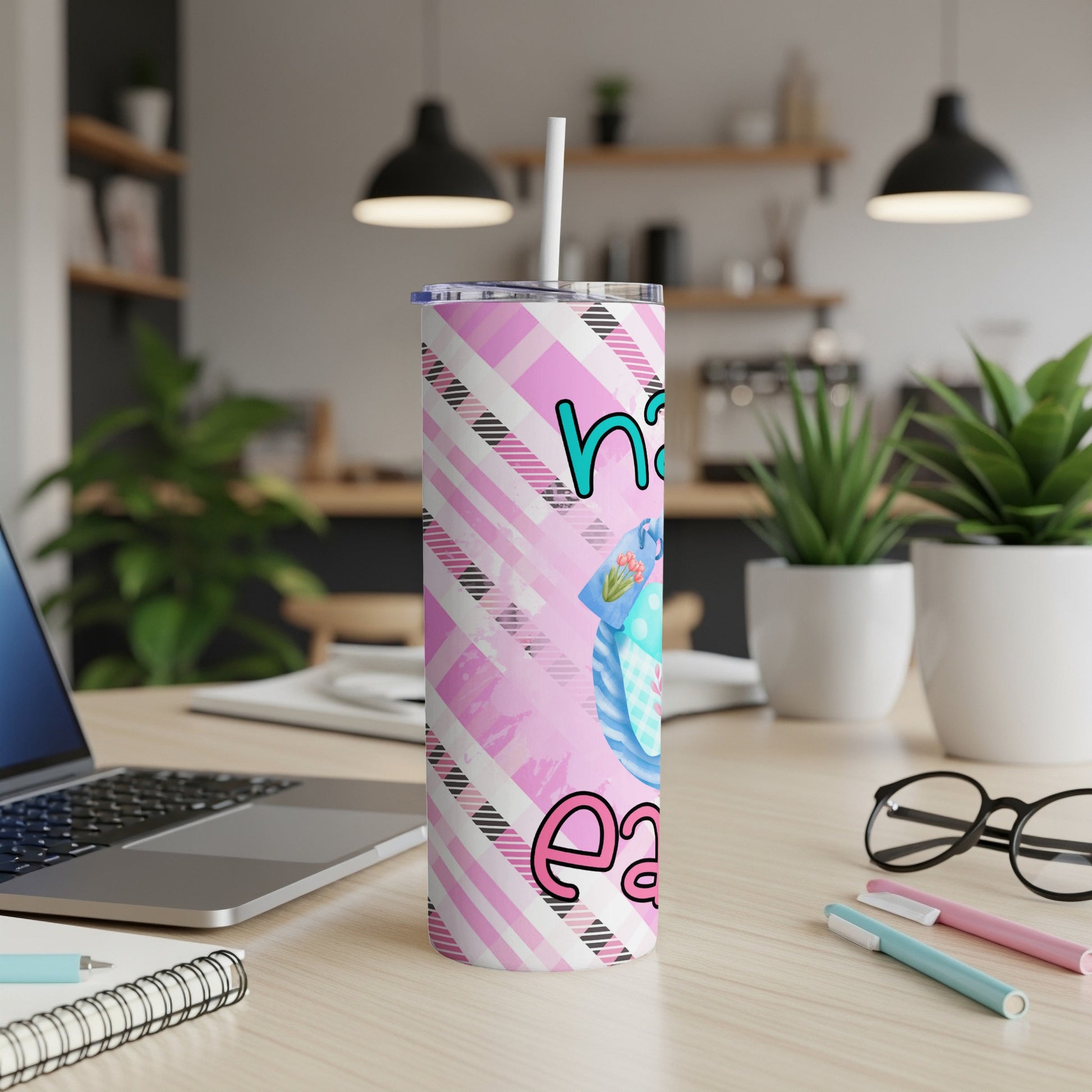 Pink plaid tumbler with "Happy Easter" text and bunny illustration.