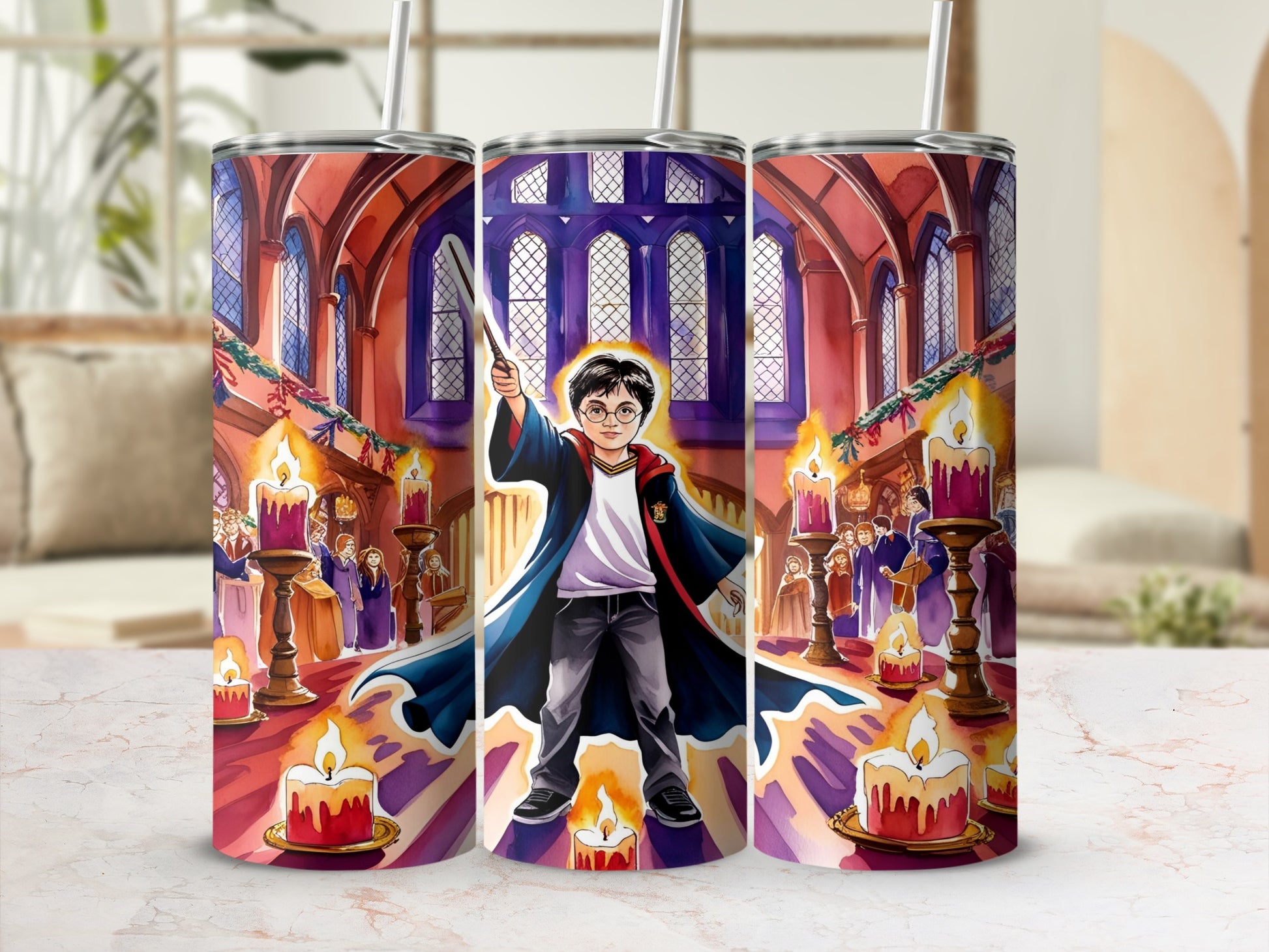Harry Potter in Hogwarts Great Hall with candles and stained glass windows.