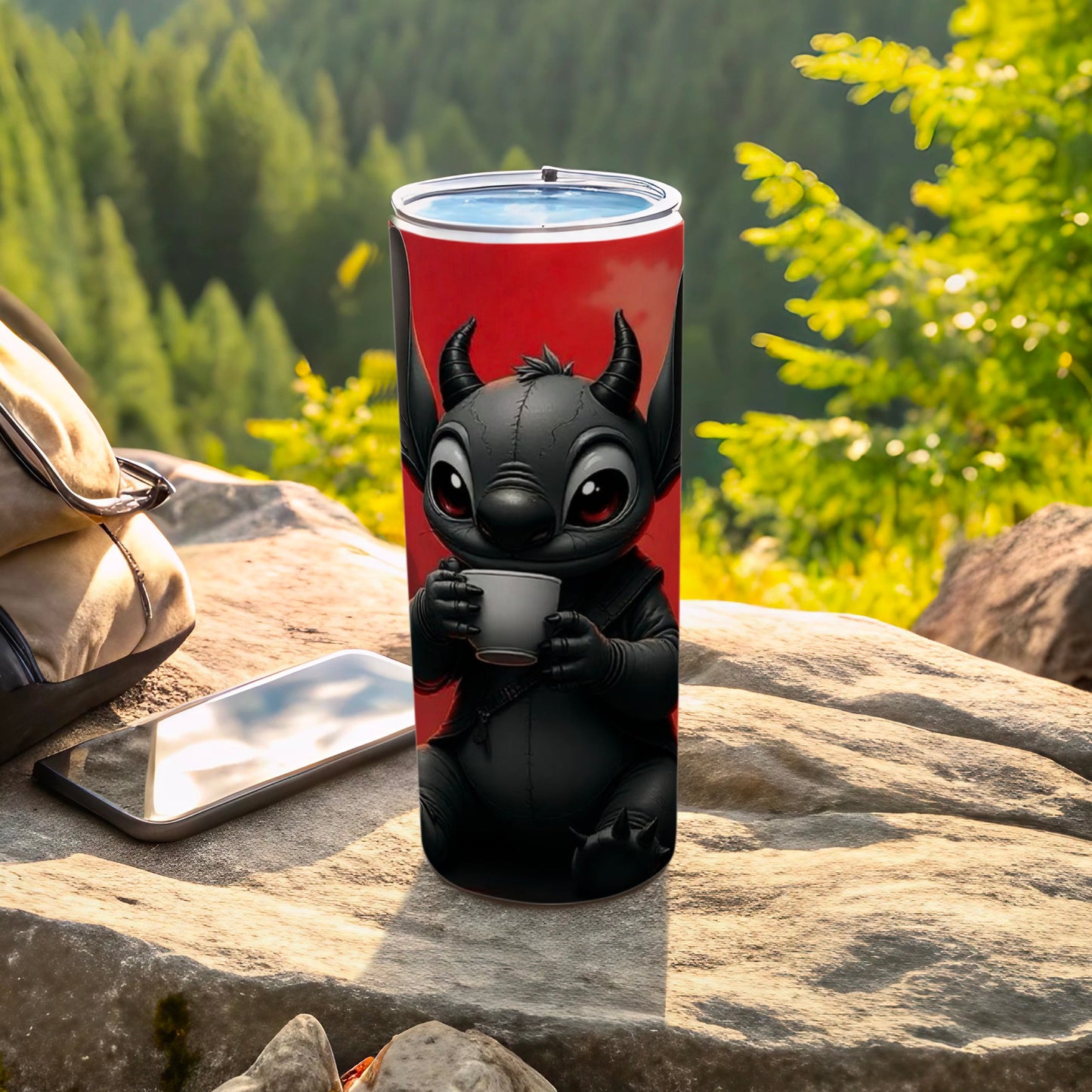Cute Black Creature With Coffee Design Tumbler Product