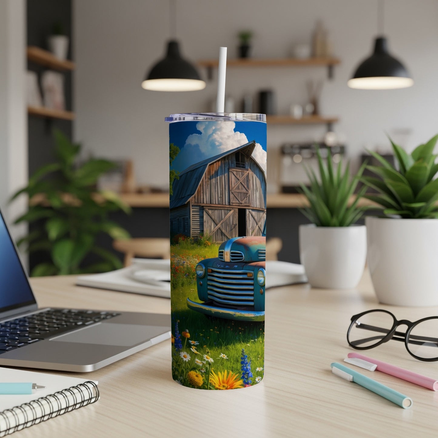 Barn and vintage truck illustration on a skinny tumbler.