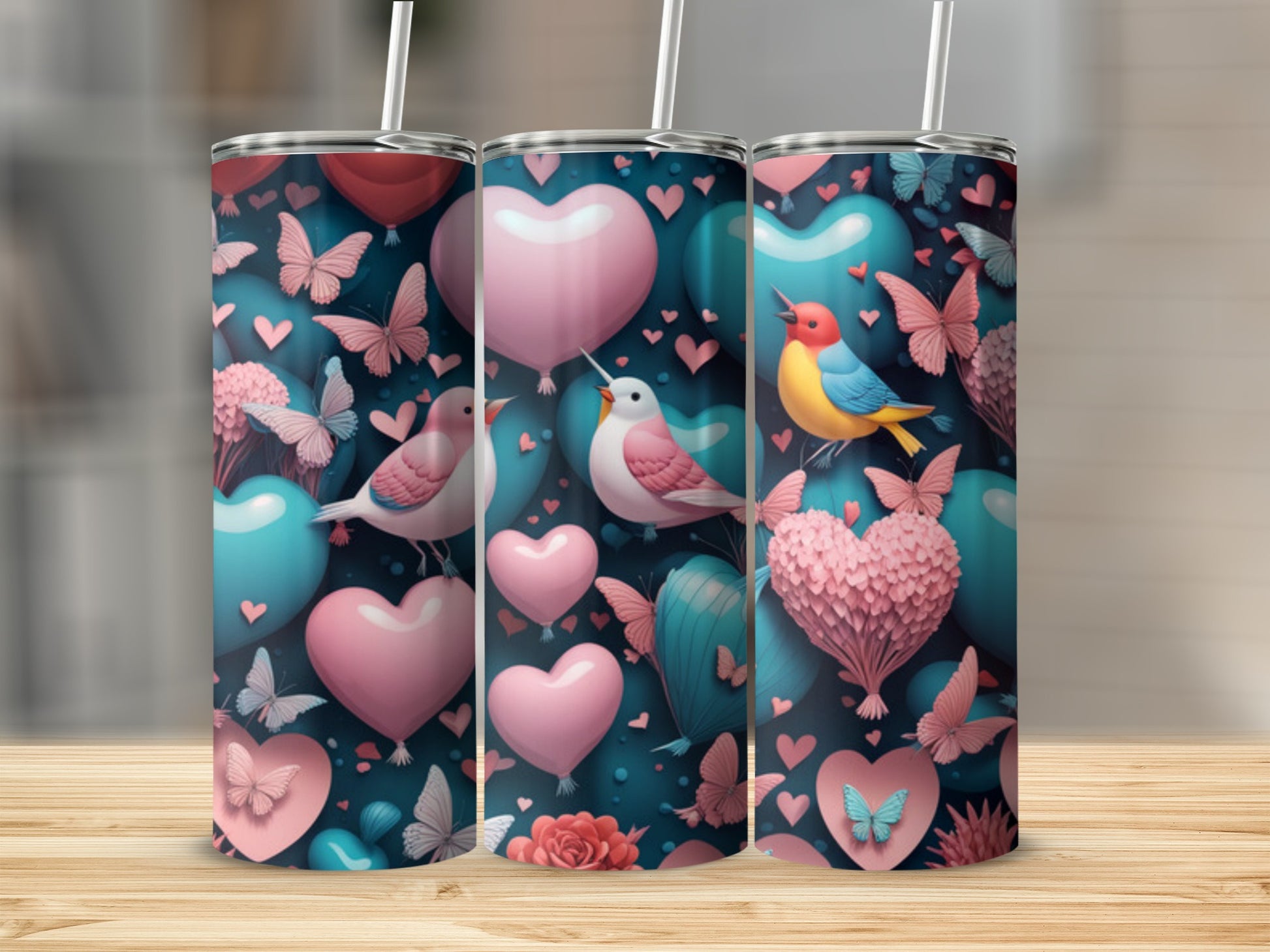 Three tumblers with pink and teal hearts, butterflies, and birds.