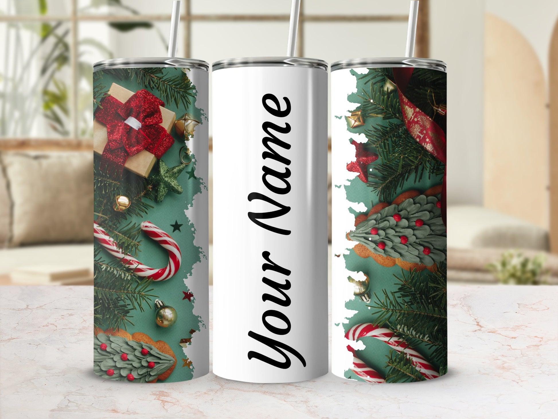Personalized Christmas Design Tumbler with Straw