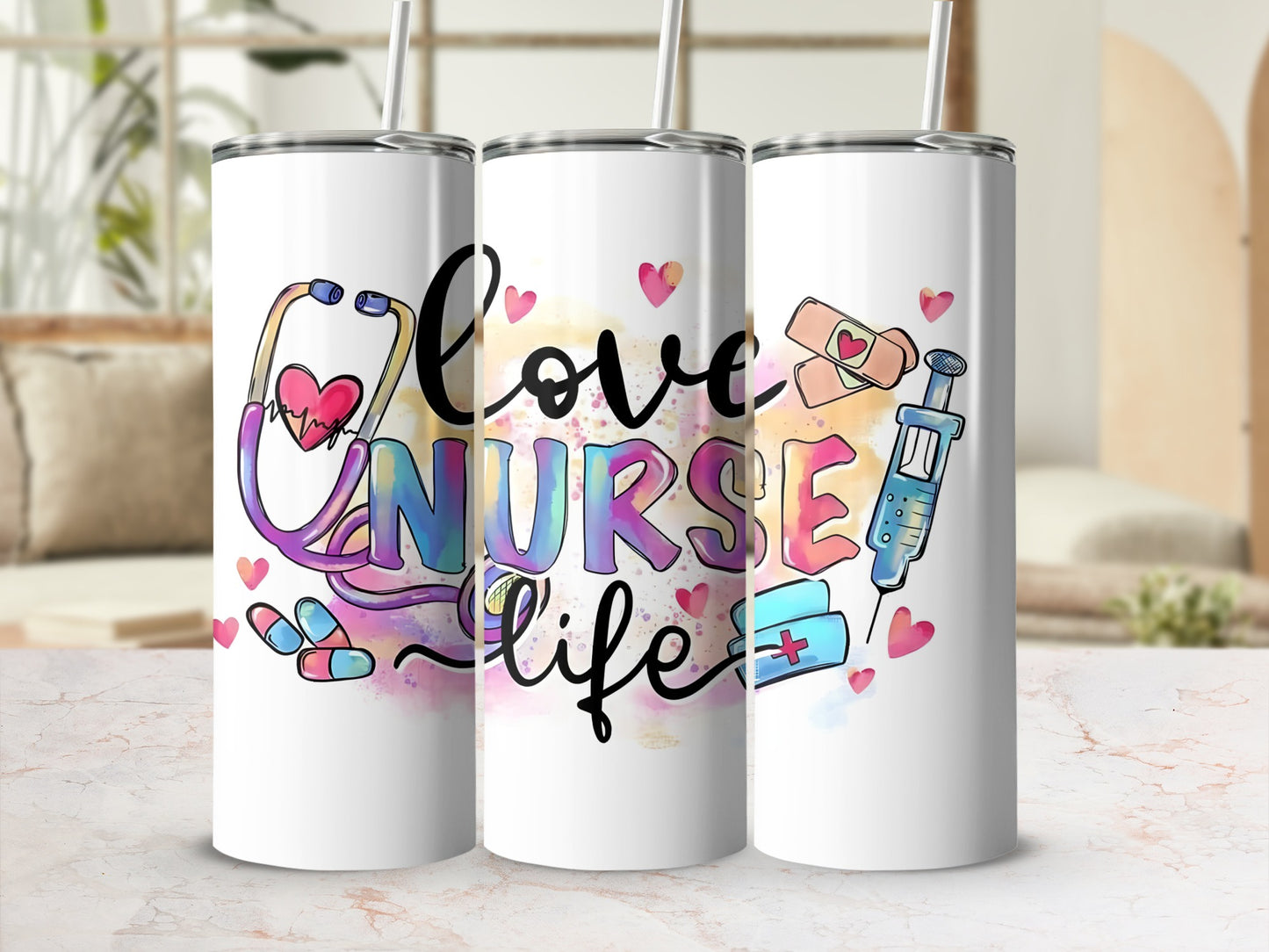 White tumbler with "Love Nurse Life" text and medical icons.